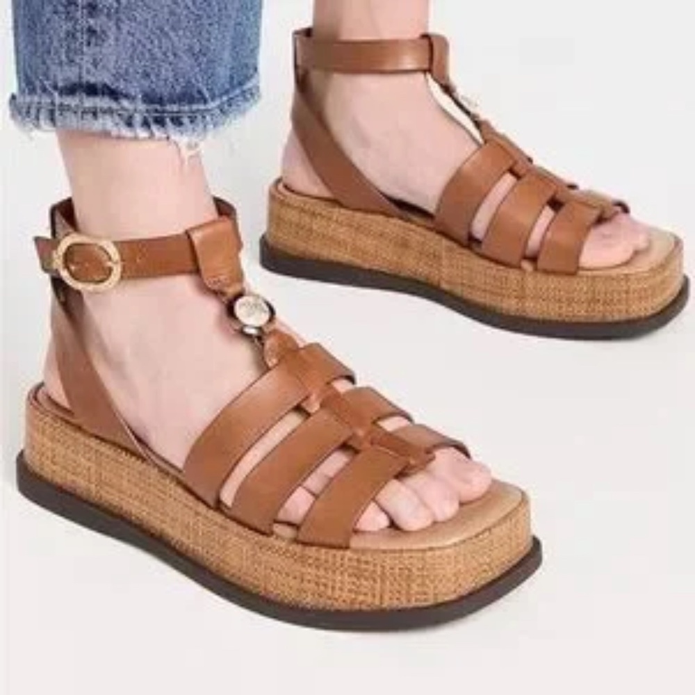 Sam Edelman Tan Leather Platform Gladiator Sandals